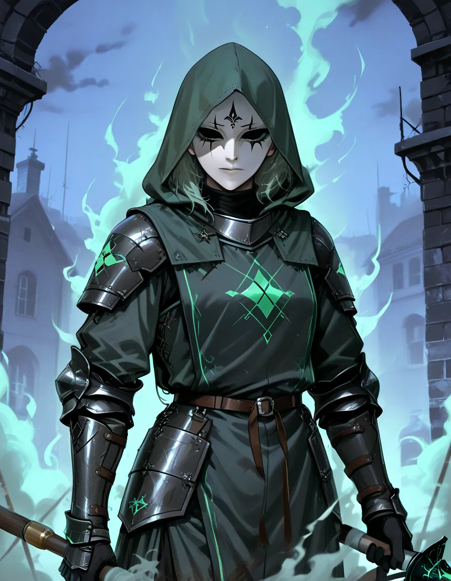 arm0rs3nt1n3l, A female wearing a tight green tabard that has a hollow triangle shape on it, [medium breasts], wearing a blank white mask beneath a green hood,  dark green glow from the mask's eyeslits, Knight gauntlets in dark metallic armor with undead e...