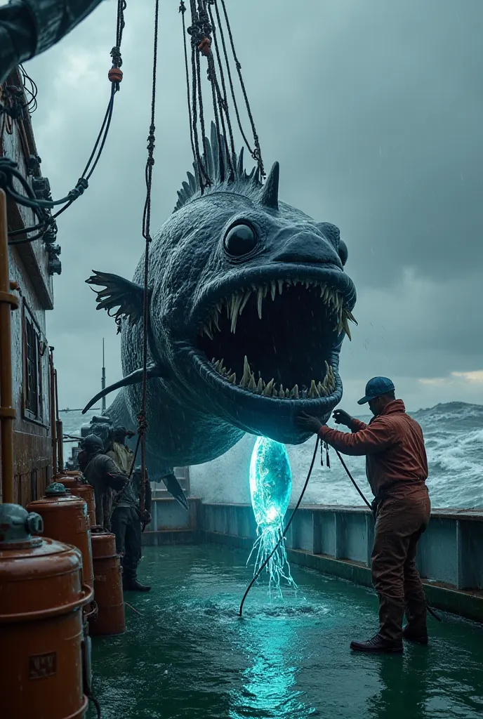 A hyper-realistic scene set on the deck of a fishing boat rocking on stormy ocean waves under a dark, overcast sky. A massive, nightmarish anglerfish with glistening black scales, jagged teeth, and an eerie bioluminescent lure dangles from thick fishing ro...