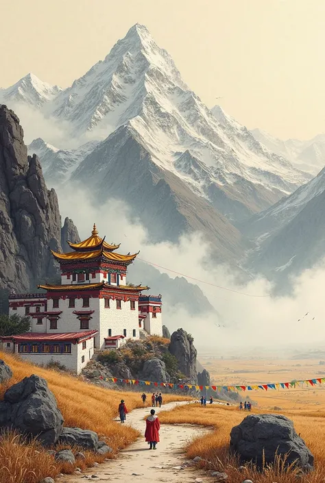 Traditional ink painting sanctuary，The towering snow-capped mountains are hidden in the mist，Tibetan watchtowers scattered at the foot of the mountain，The vermilion border wall and gilded patterns，The pilgrims are wearing Tibetan felt robes，The clothing li...