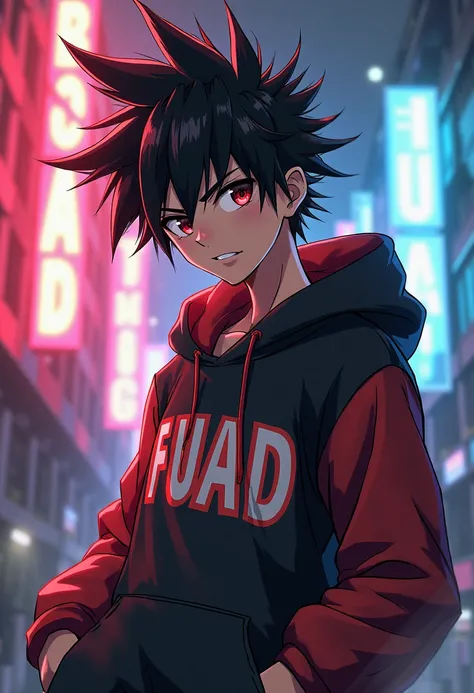 Make an anime character boy with attitude and in his dress there is written Fuad 