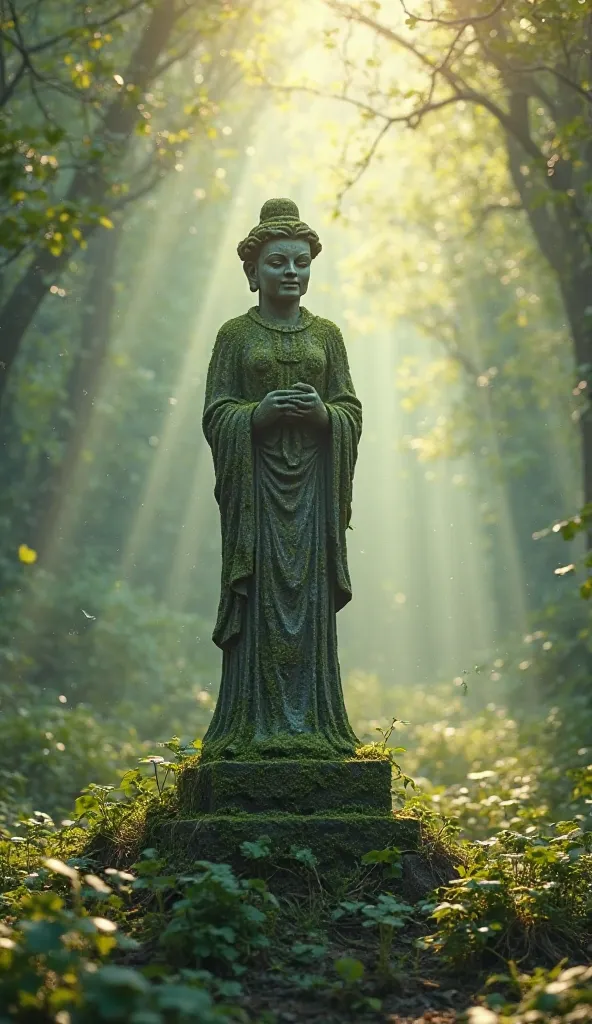 Prompt: “An ancient stone statue, lightly covered moss, standing in the middle of the green forest in the early morning. Morning sun through foliage, shines down on statue, creating a mystical and sacred setting. Gentle fog covers the ground, singing birds...