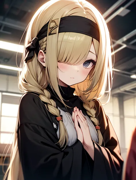 high image quality、pale yellow hair、long braided hair、Blindfold、 sister clothes、 Pray