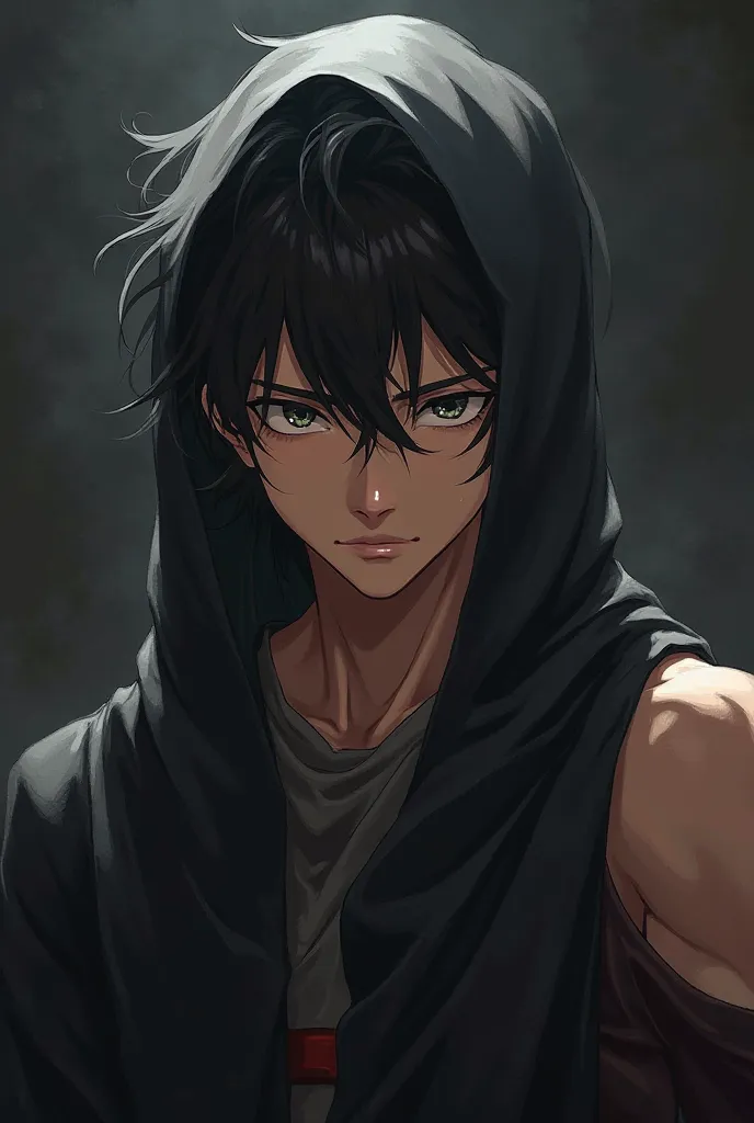 In circle ,Only face,Boy anime character, fitness body, Black cloth , background shadow of body