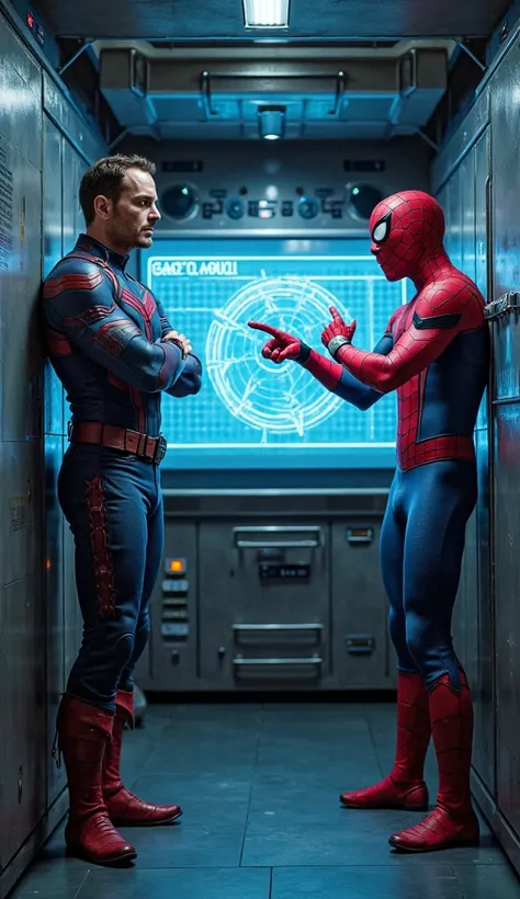 Spider-Man and Captain America standing in a futuristic underground lab. Captain America leans against a high-tech control panel, arms crossed, while Spider-Man excitedly gestures towards a holographic display showing a blueprint for a magnetic web. The ro...