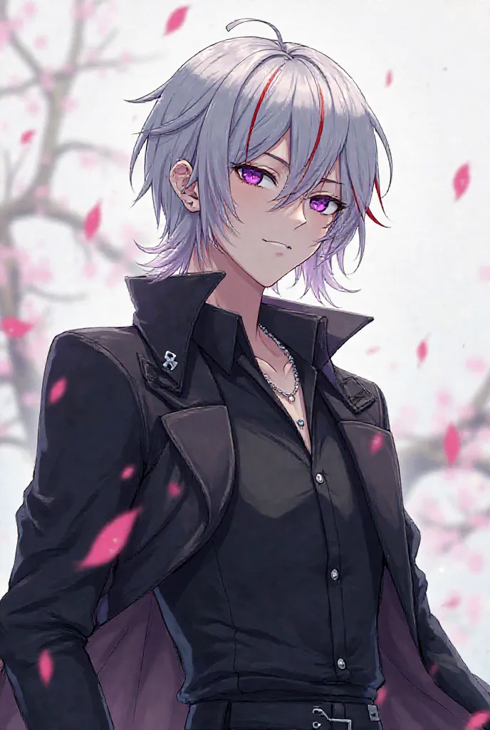 Create an anime boy with medium length silver-white hair that has dark red strands. His eyes should be purple with an intense stinging look. It has angular features,  high cheekbones , prominent chin, narrow nose and often a cool smile. His skin is very li...