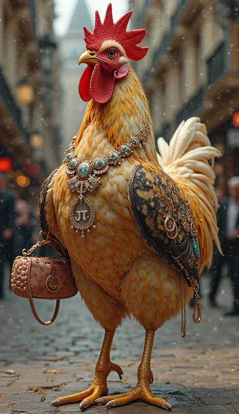 A very large chicken. Toe with high heels, expensive clothes and lots of jewelry and branded bag 