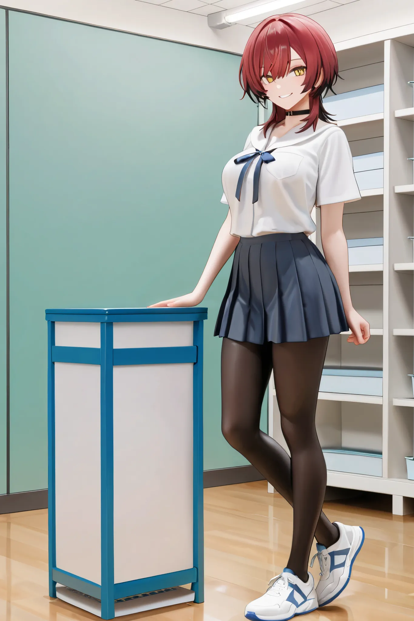 NSFW,masterpiece,Highest quality,High Resolution,very detailed, boyish girl,high school girl, red hair ,medium hair,wolf cut,clavicle,with golden eyes,choker,uniform,ribbons,miniskirt,チェックのminiskirt,leggings shorts,Indoor shoes, Smile,schools,physical educ...