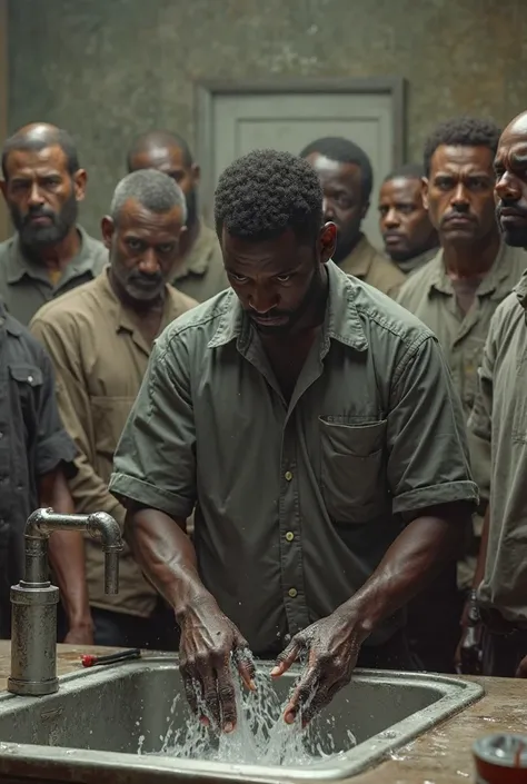 a black man washing dishes and behind he are 6 white men and 1 white girl