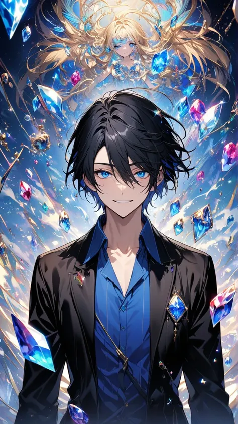 Create a fairy tale cover. The young man stands in the middle of the middle, his hair is black in the middle of the ends, the hair is not very long, the hair is not very long, the eyes are deep, the black jacket inside is a blue shirt that matches the ends...