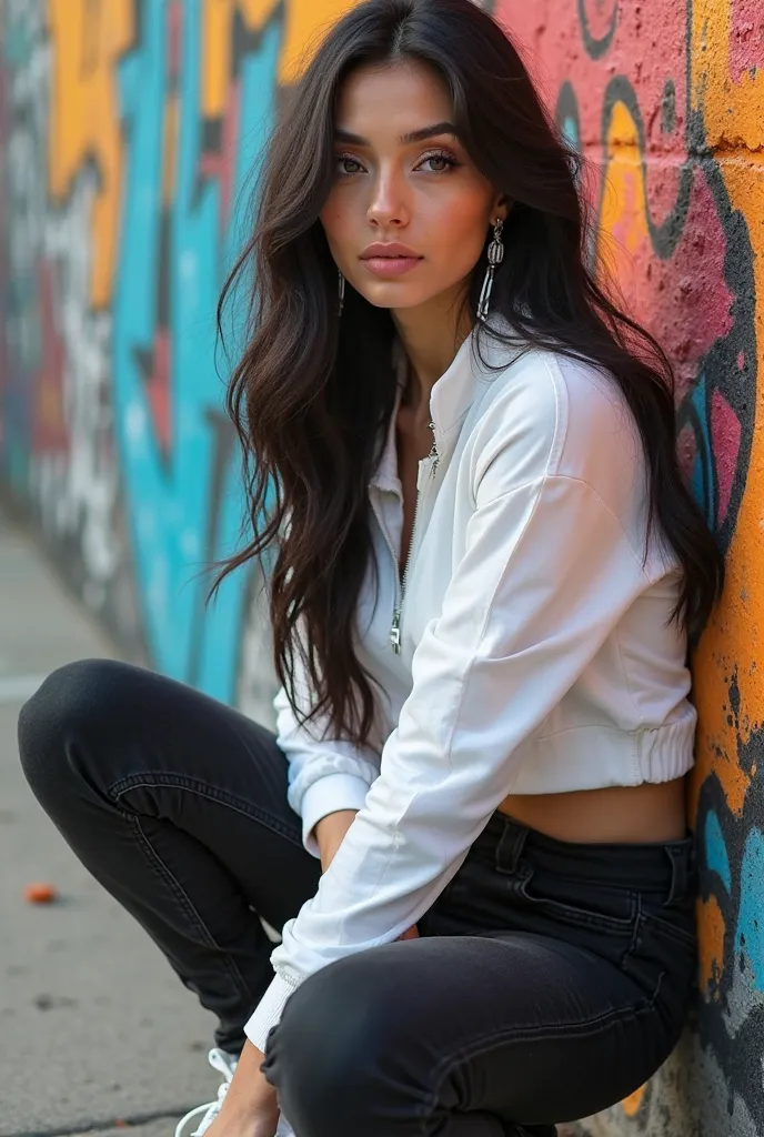 Beautiful rude woman with long black hair, natural makeup, lips with gloss, silver earrings, wearing a white tracksuit, black jeans, white sneakers, crouching against a graffiti wall background 