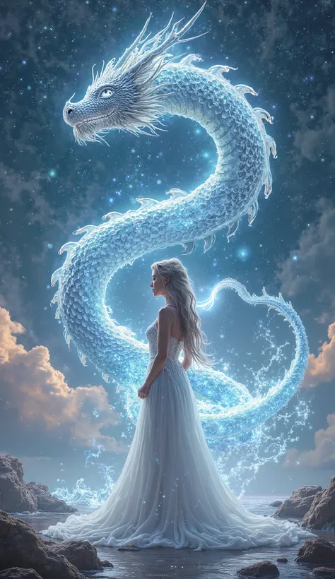 A majestic celestial water dragon with shimmering scales, coiling through the air, surrounded by a vibrant, cosmic aura. The dragon's body is ethereal, composed of flowing water that glows with soft blue and silver hues, emanating an otherworldly energy. A...