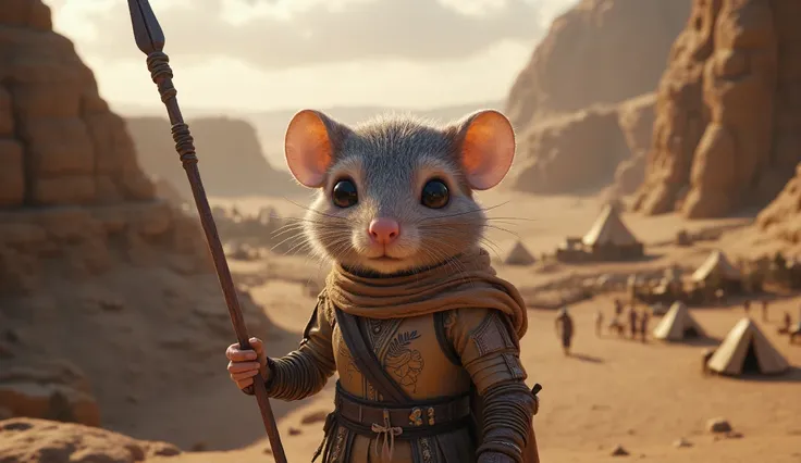 A highly detailed, ultra-realistic illustration of an anthropomorphic grey-furred mouse warrior standing proudly in an ancient desert landscape. She wears light armor made of leather and fabric in sandy and ochre tones, with cloth wrappings around her arms...