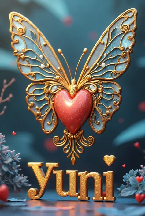 A visually captivating 3D render of the letter "Y" exudes charm and elegance, intricately adorned with gold and blue accents. pola berputar-putar, hati, and a majestic gold butterfly housing a concealed heart add to the design's allure. frasa "YUNI" is pro...