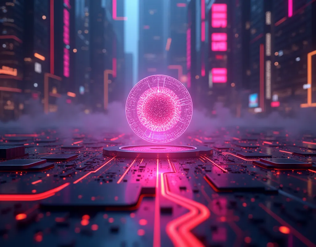 A futuristic, visionary AI-powered concept representing innovation, growth, and business transformation. A glowing neon AI core symbolizing intelligence and progress, surrounded by interconnected digital nodes representing automation and efficiency. A slee...