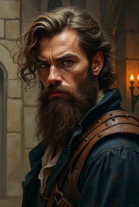 Make me the face of a medieval fictional character who is a man with thick brown hair and thick beard