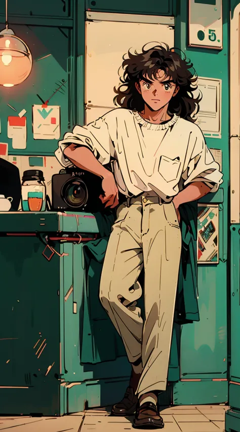 Best Image Quality,  1980s style animation, 30 year old boy,  black curly ,  light brown eyes ,   dark skin , white shirt,   full body , in a cafe , pose, I have a camera . loafers