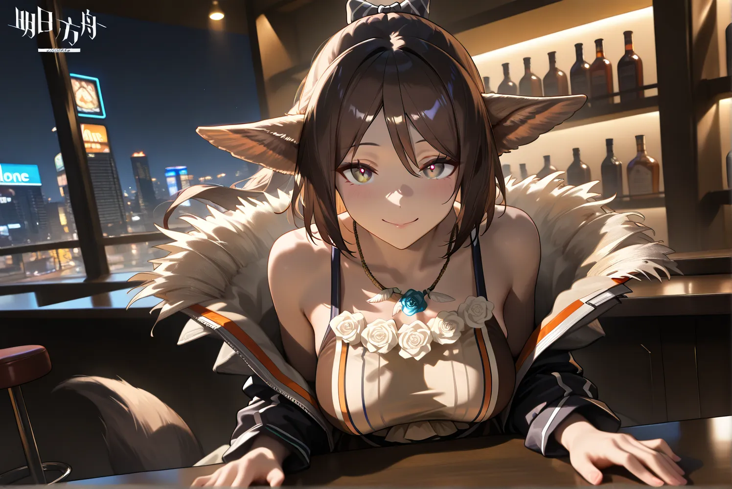 female,(((alone)))fox tail。looking at viewer, brown dress,,((Perfumer)),((Perfumer_\(arknights\))), Perfumer_\(arknights\)。tiny boobs。
,( beautiful eyes:1.5),smile,,Photorealistic Background,Bar counter, is sitting, best quality, amazing quality, very aest...