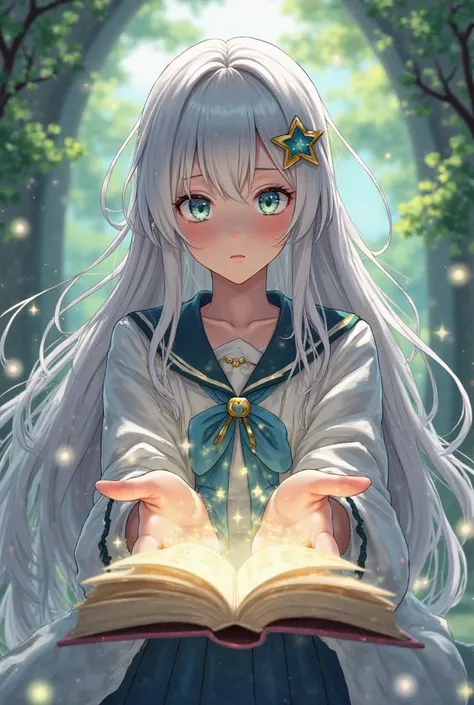 anime style、high school girl、long hair、 silver hair、I'm wearing a star-shaped hairpin、putting both hands forward、The book is floating in the air on my hand、The pages of the book are being turned