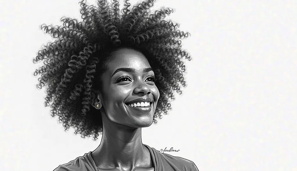 A black and white art sketch of a radiant young African woman with glowing, well-defined natural curls. She looks happy and confident, standing against a bright, vibrant background. Her hair is thick, healthy, and shiny, framing her face perfectly. A joyfu...