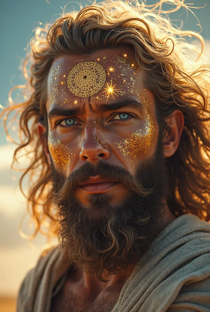 Aqui está um prompt para gerar uma imagem semelhante:  

*"A close-up portrait of a divine, warrior-like figure with piercing blue eyes and a strong, determined expression. His face is adorned with golden celestial markings that glow, forming intricate con...