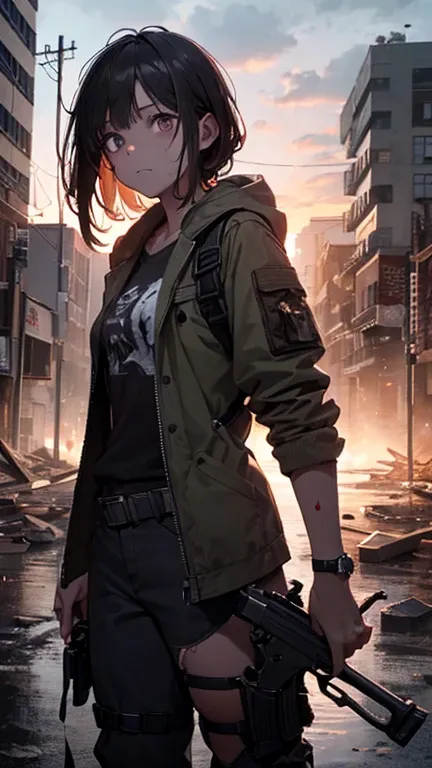 a girl in dirty and bloody clothes with a gun in her hand in a destroyed city of zombie apocalypse with rain in the background there are zombies by her side is a dog, strategically placed in a clear sky with fading sunset tones, background, artistic carica...