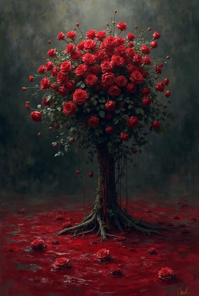 Make me an image of a rose bush coming out of a pool of blood