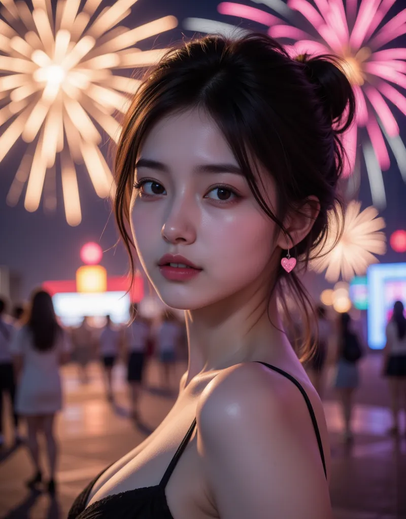 (Korean college girl with super cute big boobs is enjoying the fireworks:1.2)(Happy smile:1.2)(16k,  RAW photos , Highest quality, masterpiece: 1.2),(glossy black hair cute bun hair) Super Detail, super resolution, (Genuine, Genuine photos: 1.37),  portrai...