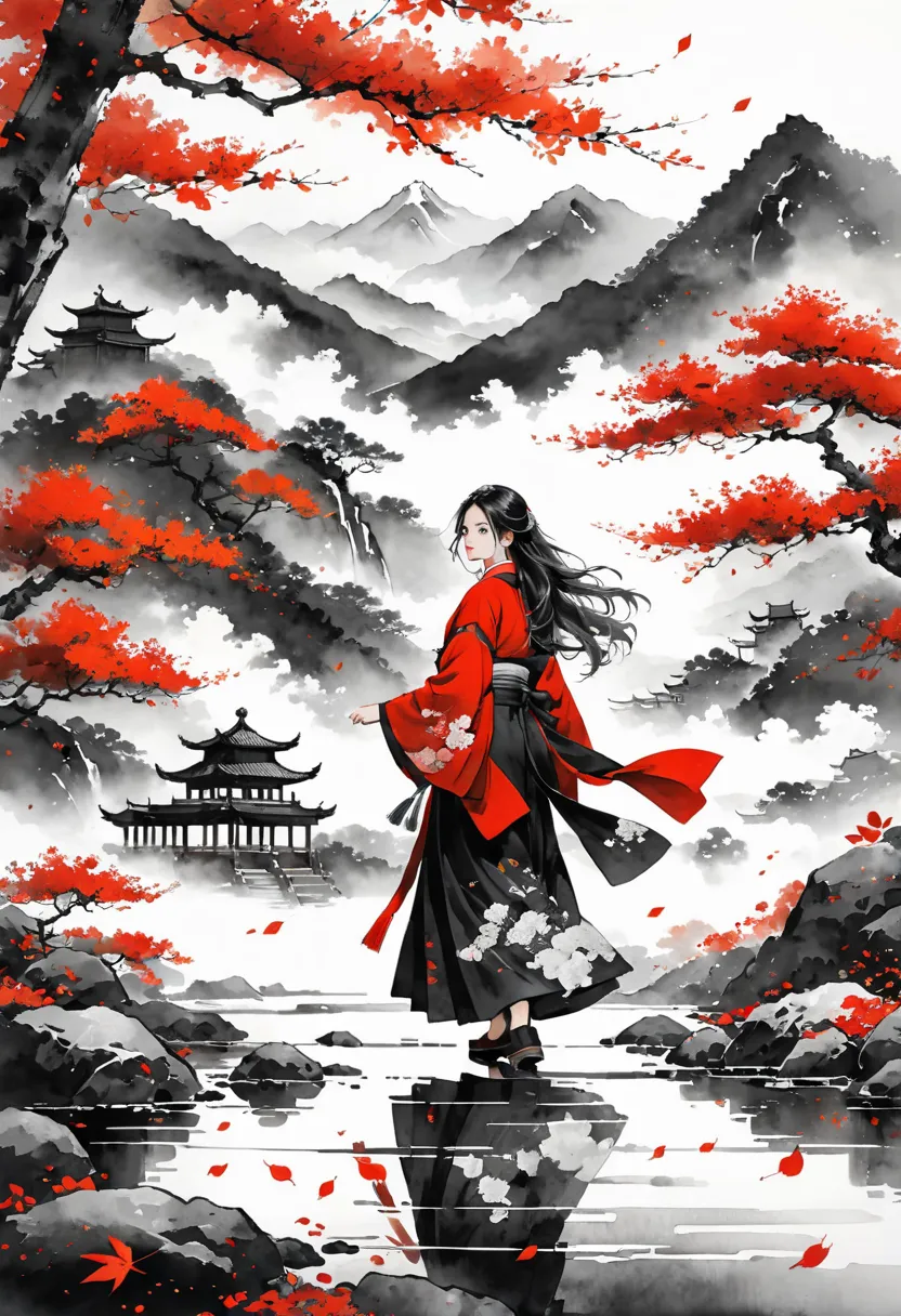 traditional Chinese ink painting,Yanagizhi ,Black and white ink painting , ( masterpiece,best quality),  vivid illustration ,Fallen Leaves,Bokeh, Mystery,Sky, Clouds ,Mountain,1 Girl, alone， long hair,black and red hanfu,Female walker