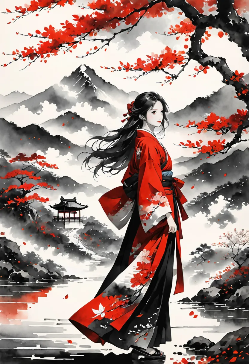 traditional Chinese ink painting,Yanagizhi ,Black and white ink painting , ( masterpiece,best quality),  vivid illustration ,Fallen Leaves,Bokeh, Mystery,Sky, Clouds ,Mountain,1 Girl, alone， long hair,black and red hanfu,Female walker