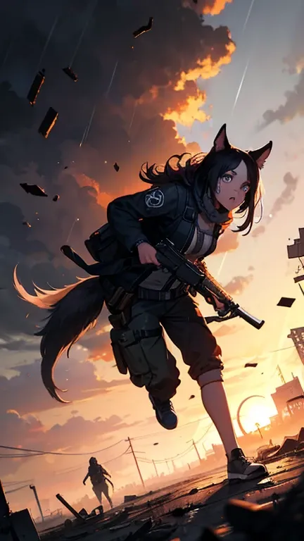 a girl in dirty and bloody clothes with a gun in her hand in a destroyed city of zombie apocalypse with rain in the background there are zombies by her side is a dog, strategically placed in a clear sky with fading sunset tones, background, artistic carica...