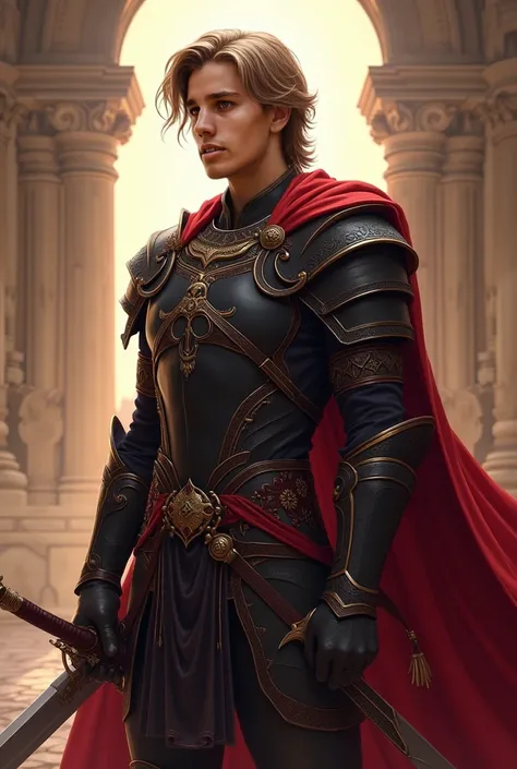 A 17-year-old Aasimar warrior with a tall, muscular build (1.87 meters). His skin has a mix of olive and golden tones, giving him a divine presence. His facial features are exceptionally handsome, blending Arab and Italian influences. His expression is cal...