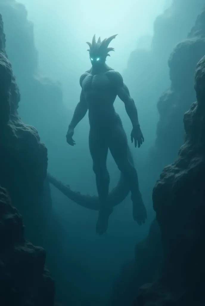 I want a photo about وحش لوخنيس

I want his shape to appear underneath the water with its eyes glowing

The monster is a sea monster

There are some fog and the water is between to mountains

The whole monster is underneath the water aand only his back is ...