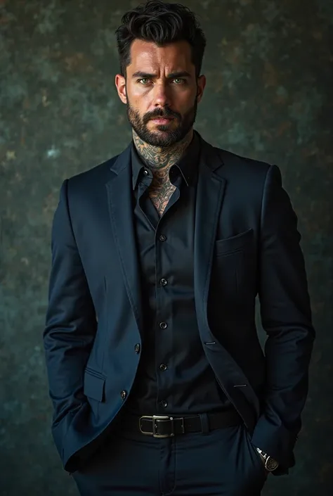 Handsome 39 year old man, black hair,  green eyes,  short beard. Penetrating look and it would be. Dressed in an elegant navy blue suit. Mafia style with tattoos. Standing looking to the side