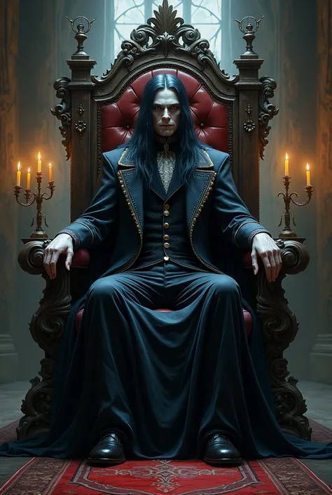 Vampire king sitting on a throne with long hair