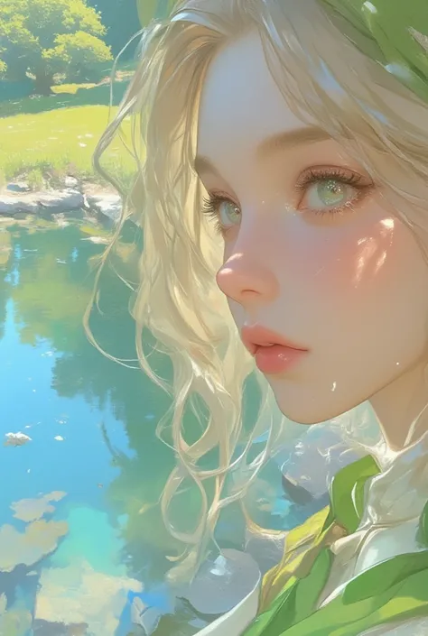 Gray-eyed blond woman in green clothes sitting overlooking a crystal clear lake, close-up face 