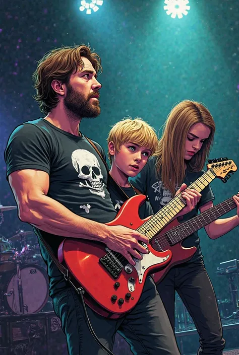 I want a comic book image of a family that is a rock band/Metal playing on stage 
The dad is the guitarist, he has medium hair and a beard, a T-shirt with a pirate skull on it .
The mom is on the keyboard and on the vocals, elle porte un t-shirt avec une t...