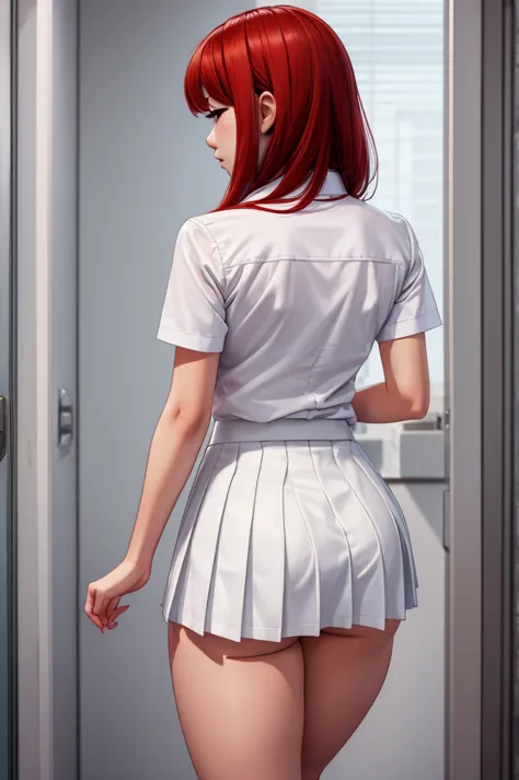 asian woman, school girl, white stockings, plaid skirt, white shirt, tie, red hair, standing, back turned