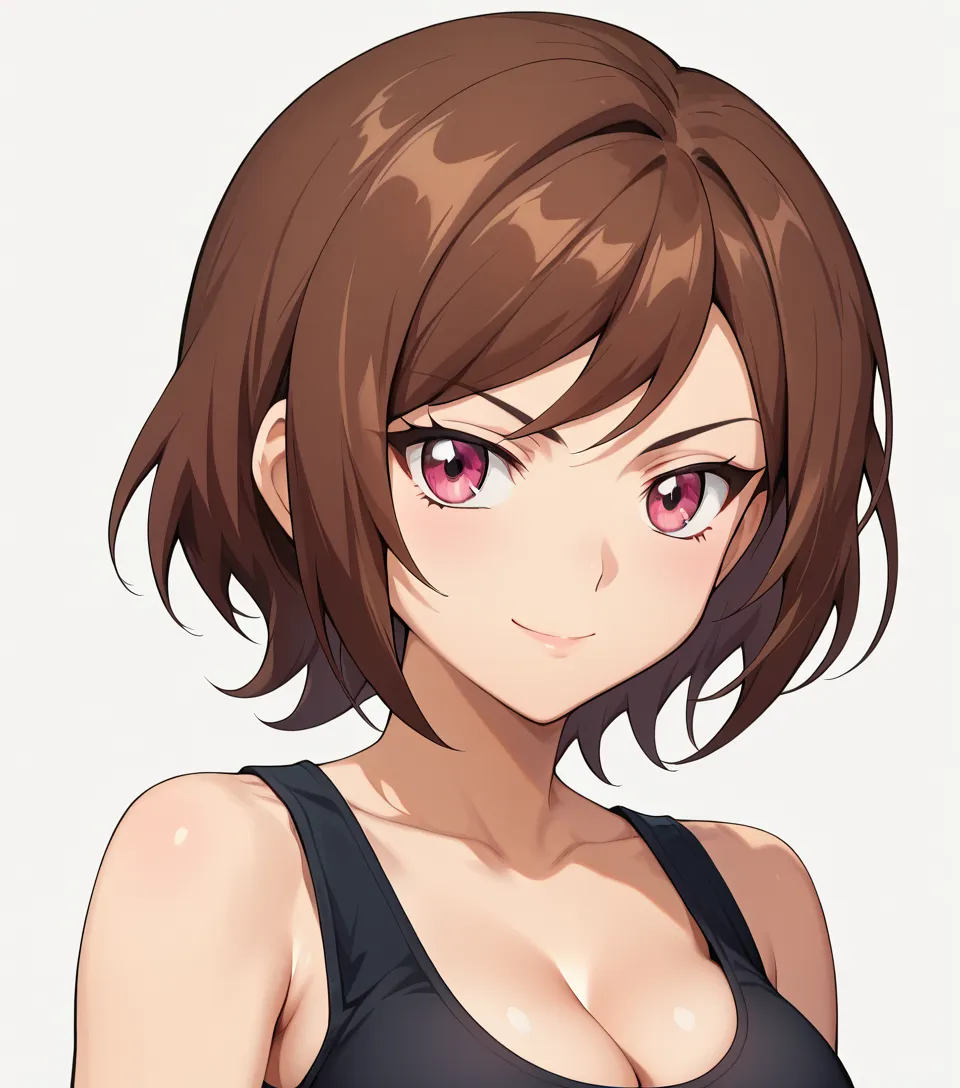 (masterpiece, best quality:1.2), 1girl, toruko, female, large breasts, cleavage, solo, brown hair, bob cut, diagonal bangs, anime coloring, highly detailed, white background, simple background, facing viewer, tsurime, dark pink eyes, serious, smile, black ...