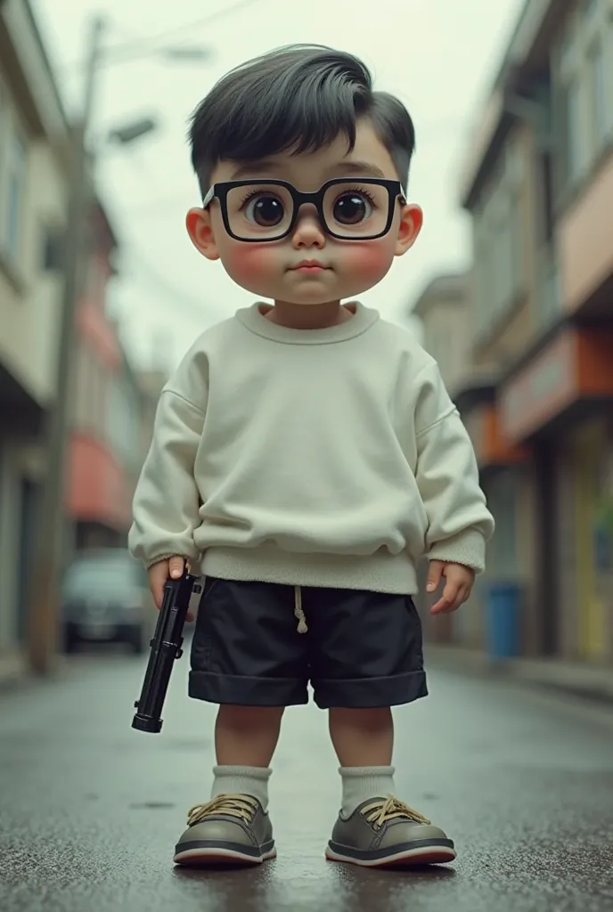 Generate cartoon , Vitromorfismo, photograph of a young chubby, hair art with a classic social cut, square glasses,  Slightly round face , white sweatshirt, black shorts and slippers, holding a gun, On a street, photorealistic, cinematic lighting