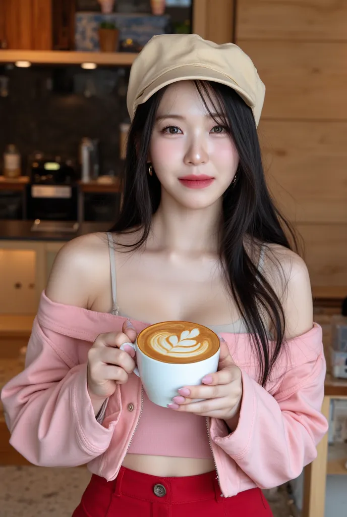 A stunning young Korean woman with long, silky dark brown hair sits in a charming coffee shop, holding a cup of freshly brewed latte close to her lips. Her delicate fingers gently cradle the cup, the warmth of the drink radiating against her skin. She wear...