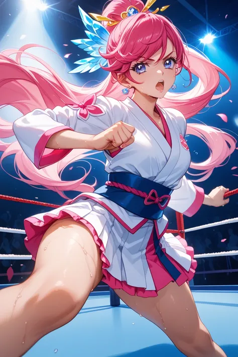 Cure Prism fighting in a mixed martial arts ring, wearing a vibrant pink and white costume, captured mid-motion throwing a powerful punch. Sweat flying, hair flowing, with a serious and focused expression. Background is a simple octagon ring under a spotli...