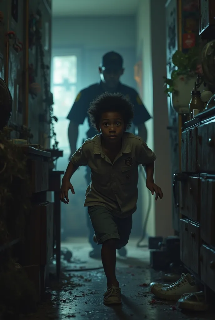 A young Afro boy has a real nightmare of a zombie cop who is chasing him in his apartment 