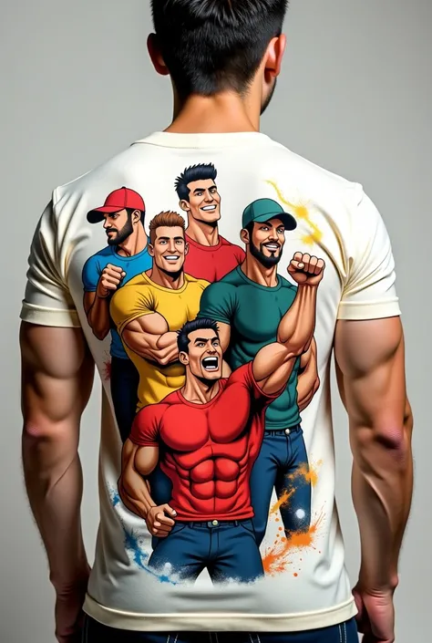 close-up of a man wearing a shirt with a series of cartoon characters on it, a cartoon by Shinoda Toko, instagram,   art processing  ,  T-SHIRT !!, shirt art, multicolored  T-SHIRT  art, Muscular!!, Muscular!  white ,  muscle characters  , printed on a cre...