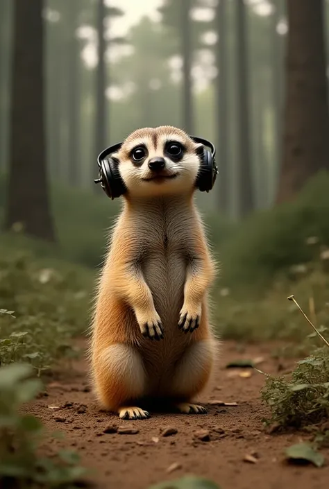 Happy Meerkat listening to music on headphones in dark forest