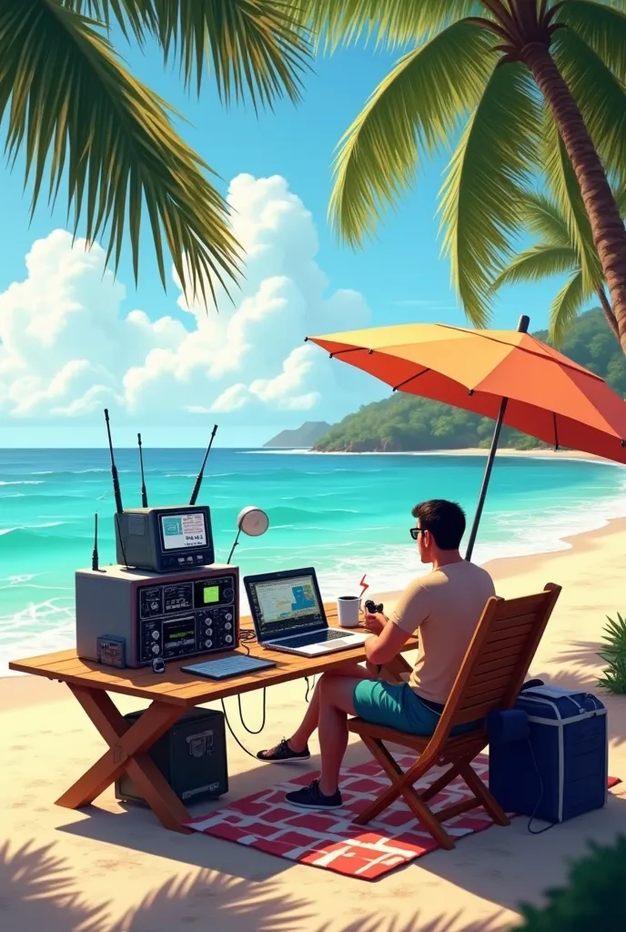  transceiver Creates an image with the beach in the background ,  the LU7ETZ , an HF , um laptop,  Amateur radio license and a sign with the phrase my office is on the beach - ARG in Spanish