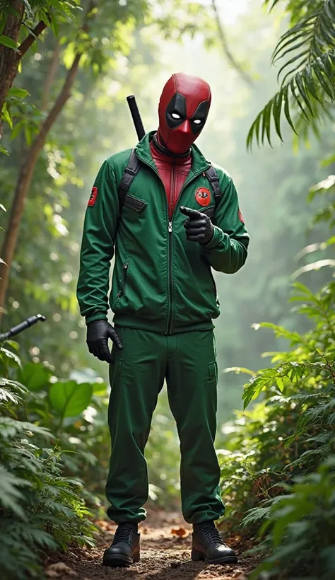 "Deadpool is standing in a jungle clearing, wearing a Squid Game green tracksuit. He is pointing forward with his finger while speaking, as if making a sarcastic or humorous remark. The background is filled with lush green trees and plants, with sunlight f...