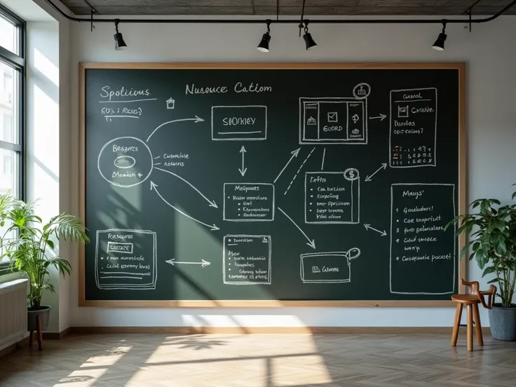 An office wall with a blackboard and showing a diagram of a project with money icons, calendar and resources, Let there be no people, employees or office workers in the picture either near the blackboard or the wall.