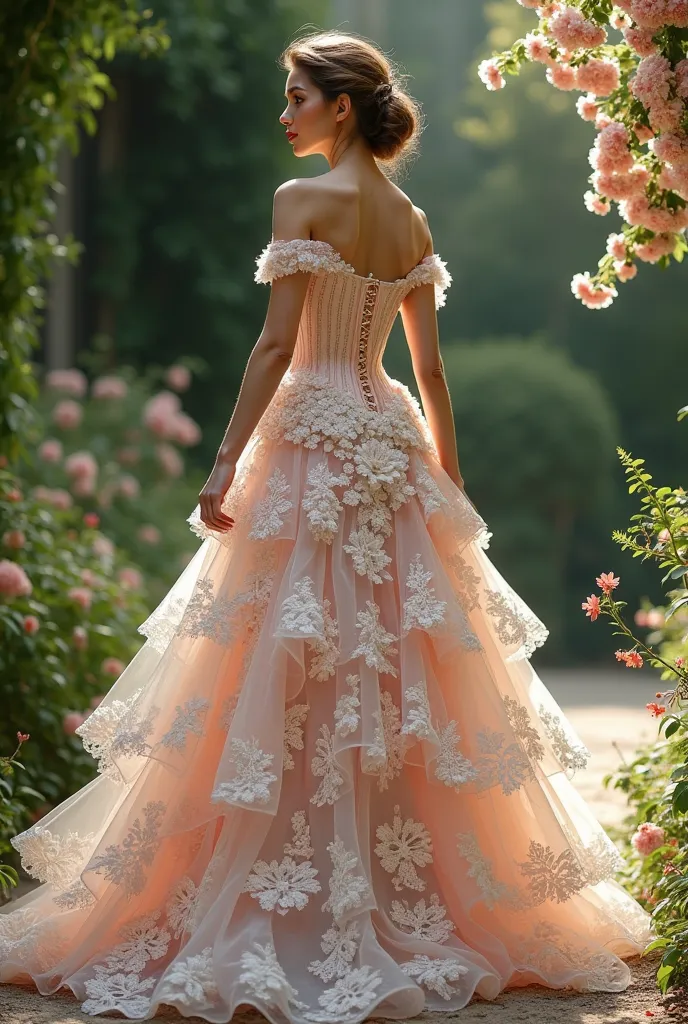 Make a more round one with the more structured corset and with the flowery 3D lace all over the dress