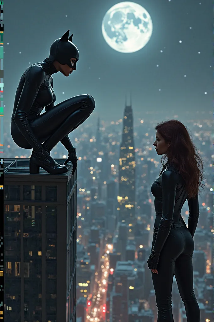 "Catwoman crouches on a rooftop, her sharp eyes scanning the city, while nearby, black widow under the moonlight. Two silent hunters, each with their own style of stealth and cunning."
