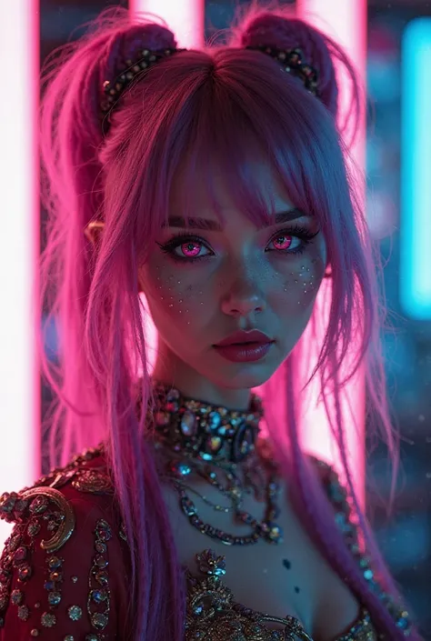 Cyberpunk geshia with neon lights behind her, she has ornate clothes and hair a cross between traditional and futuristic. Her makeup is bright colours with pink being the main colour. Her eyes are implanted and unnatural looking but beautiful 